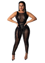 Load image into Gallery viewer, Backless Criss Cross Bandage Jumpsuit Women Mesh Sheer Sleeveless Geometric Sequin Romper Christmas Nightclub Sparkly Overalls