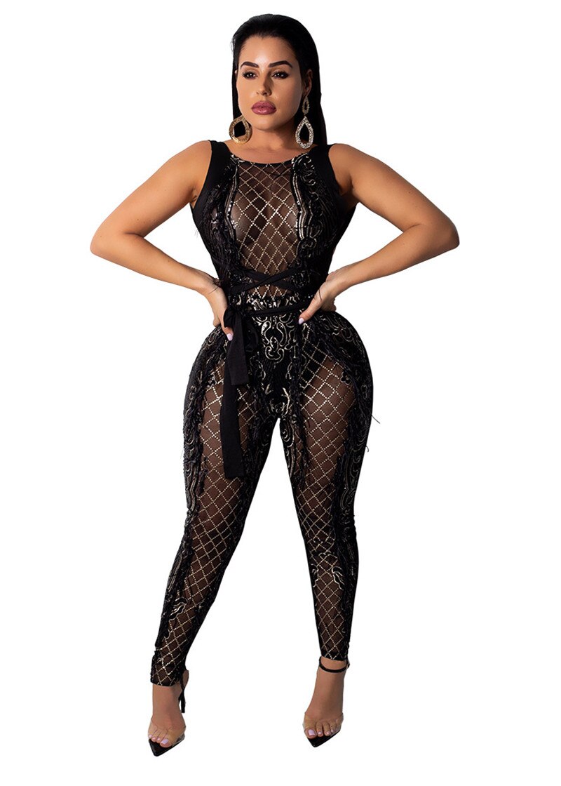 Backless Criss Cross Bandage Jumpsuit Women Mesh Sheer Sleeveless Geometric Sequin Romper Christmas Nightclub Sparkly Overalls