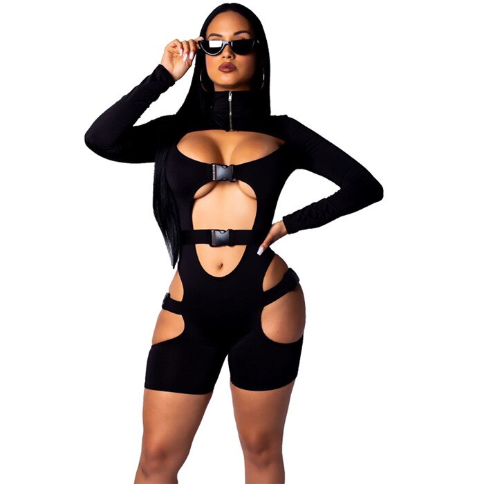 Womens Sexy Playsuit Summer Short Jumpsuit Romper Bodysuit Long Sleeve Neon Gothic Casual Hollow Out Bodycon Romper Jumpsuit