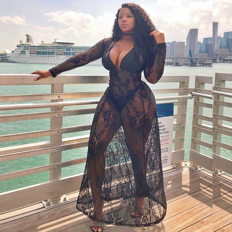 Black Sheer Floral Lace Maxi Dress High Waist Women Sexy See Through V-Neck Party Dress Ladies Summer Beach Long Dresses