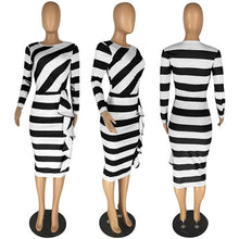 Load image into Gallery viewer, New Striped Print Office Lady Elegant Pencil Dress Women Long Sleeve Draped Sheath Business Work Dress Female Bodycon Midi Dress