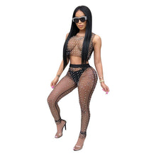 Load image into Gallery viewer, Sexy Mesh Pearls Beading Two Pieces Set Women Sleeveless See Through Tank Crop Top and Ankle-Length Pants Party Matching Outfits