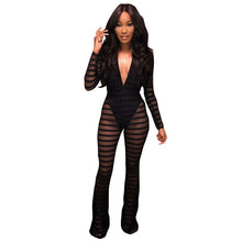 Load image into Gallery viewer, New Sexy Striped Sheer Mesh Jumpsuit with Lining Women Long Sleeves Deep V- Neck Wide Leg Romper Clubwear Party Overalls Leotard