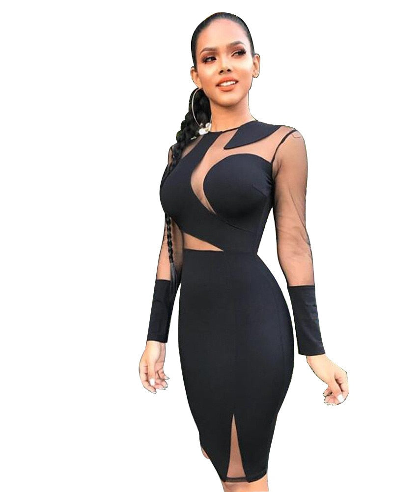 Sexy Mesh Patchwork Sheer Black Bodycon Dress Women O-neck Long Sleeve Elegant Birthday Nightclub Short Party Dresses Vestidos