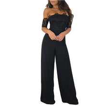 Load image into Gallery viewer, Sexy Strapless Off Shoulder Black Lace Jumpsuit Women Slash Neck Elegant Short Sleeve Overalls Wide Leg Pants Summer Romper XXL