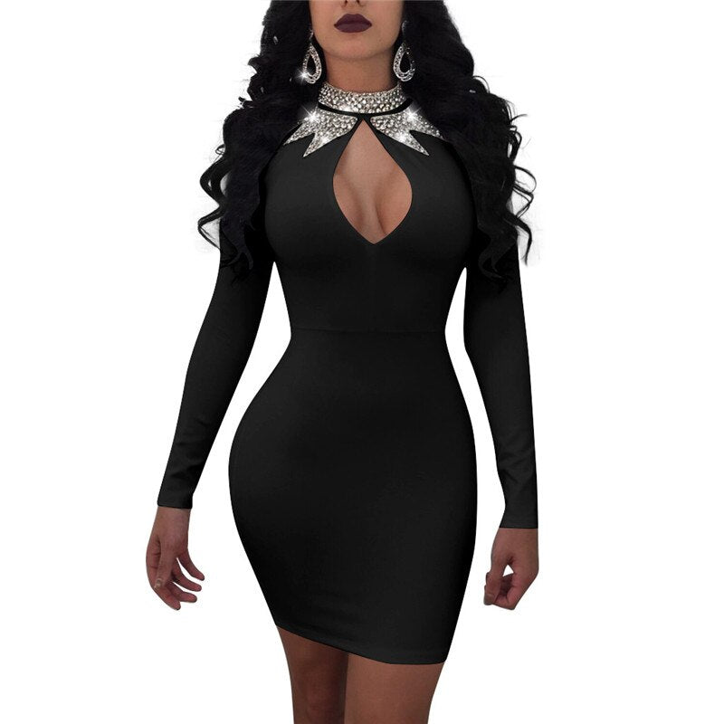 Spring Autumn New Rhinestone Long Sleeve Bodycon Dress Women Sexy Hollow Out Club Wear Short Party Sparkly Dresses Robe Vestidos