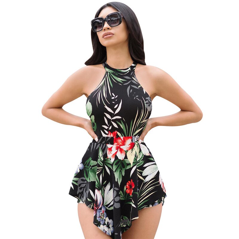 Sexy Off Shoulder Floral Print Boho Beach Romper Women Halter Sleeveless Short Jumpsuit Ladies Summer Playsuits Macacao Feminino
