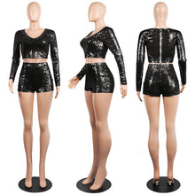 Load image into Gallery viewer, Autumn Long Sleeve Sexy Sequin Two Piece Set Women V Neck Sparkly Crop Top and Shorts Set 2 Piece Party Club Outfits Clothes