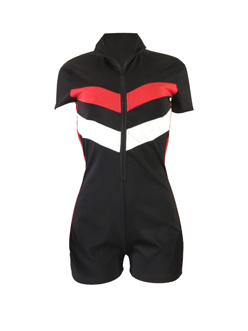 Summer Playsuits Bodycon Jumpsuit Shorts for Women Short Sleeve Turtleneck Zipper Fly Fitness Romper Striped Casual Bodysuits