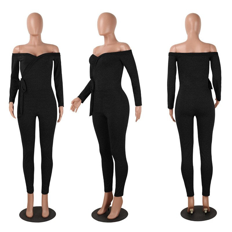 Winter Women Off Shoulder Party Bodycon Jumpsuit Elegant Skinny Slim Sexy Jumpsuit One Piece Long Sleeve Rompers Womens Jumpsuit
