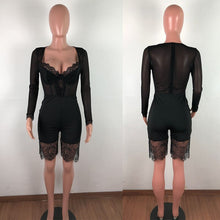 Load image into Gallery viewer, Skinny Sexy Bodysuit Womens Romper Mesh Patchwork Black Lace Bodysuit Long Sleeve Elegant Club Party Bodycon Romper Playsuit