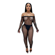 Load image into Gallery viewer, Sexy See Through Mesh Jumpsuit Women Slash Neck Off Shoulder Long Sleeve Plaid Skinny Bodycon Romper Sheer Night Club Overalls