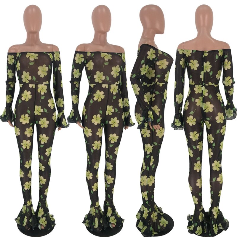 Women Sexy Mesh Jumpsuits Rompers Overalls Long Sleeve Flare Floral Print Off Shoulder Jumpsuit Clubwear Party Bodycon Jumpsuit