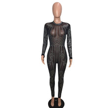 Load image into Gallery viewer, Sexy Bodycon Long Sleeve Sheer Jumpsuits Fashion Mesh Geometric Rhinestone See-Through Romper Sparkly Overalls Combinaison Femme