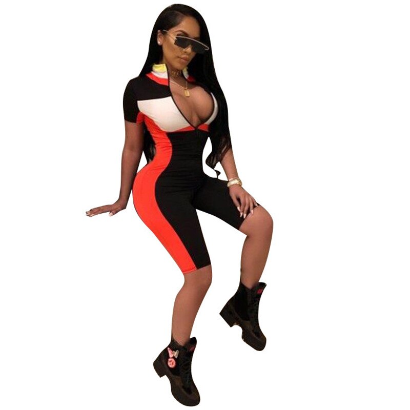 Summer Playsuits Shorts Casual Rompers Sexy V-Neck Front Zipper Striped Bodycon Jumpsuit Fitness Workout Bodysuit Catsuit