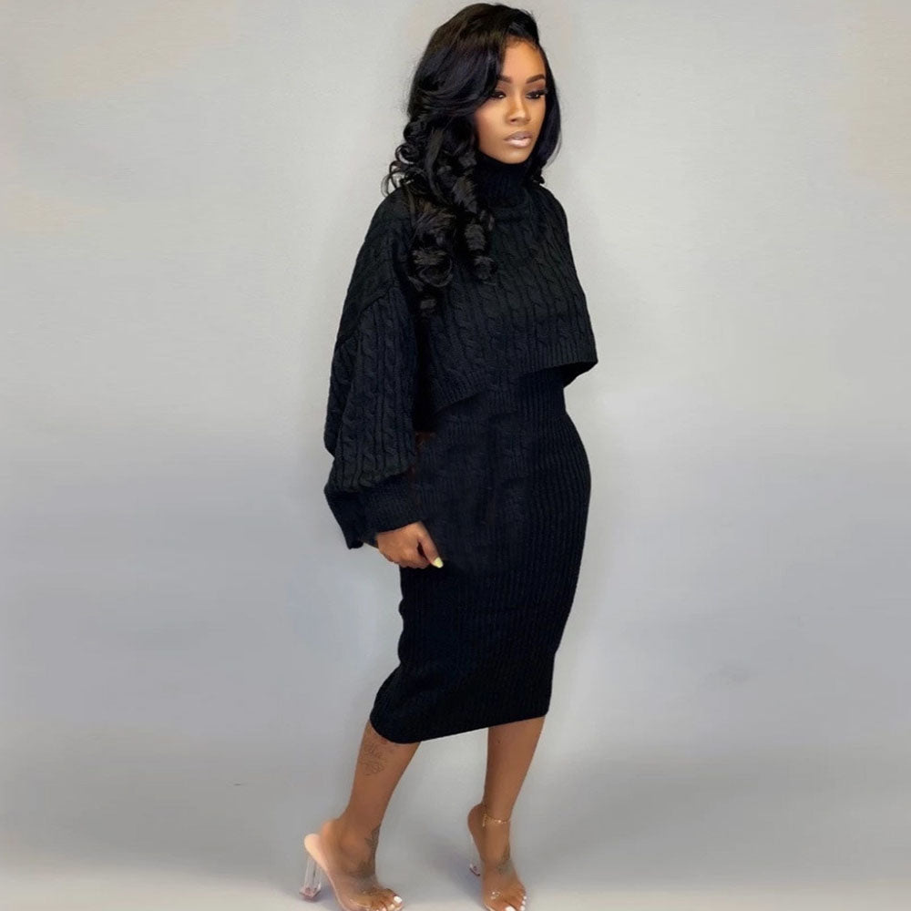 Turtleneck Long Sleeve Sweater Dress Women Autumn Winter Dress Loose Tunic Top Knit Rib Warm Two Piece Dresses Party Midi Dress