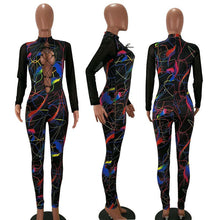 Load image into Gallery viewer, Sexy Hollow Out Lace Up Bodycon Jumpsuit Rompers Women Overalls Party Clubwear Sheer Mesh Patchwork Long Sleeve Printed Jumpsuit