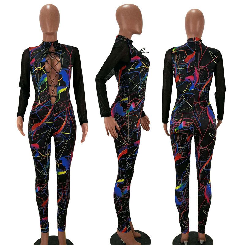 Sexy Hollow Out Lace Up Bodycon Jumpsuit Rompers Women Overalls Party Clubwear Sheer Mesh Patchwork Long Sleeve Printed Jumpsuit