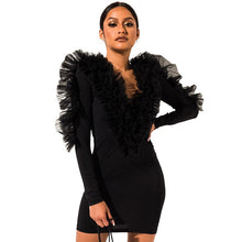 Load image into Gallery viewer, Elegant Celebrity Christmas Sexy Bodycon Party Dresses Women Deep V Neck Mesh Ruffles Long Sleeve Club Mini Little Black Dress