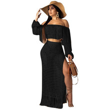 Load image into Gallery viewer, Fringed Tassel Summer Beach Dress Women Sexy Off Shoulder Maxi Dress Long Sleeve Boho Knit Crochet Hollow Out Party Long Dress