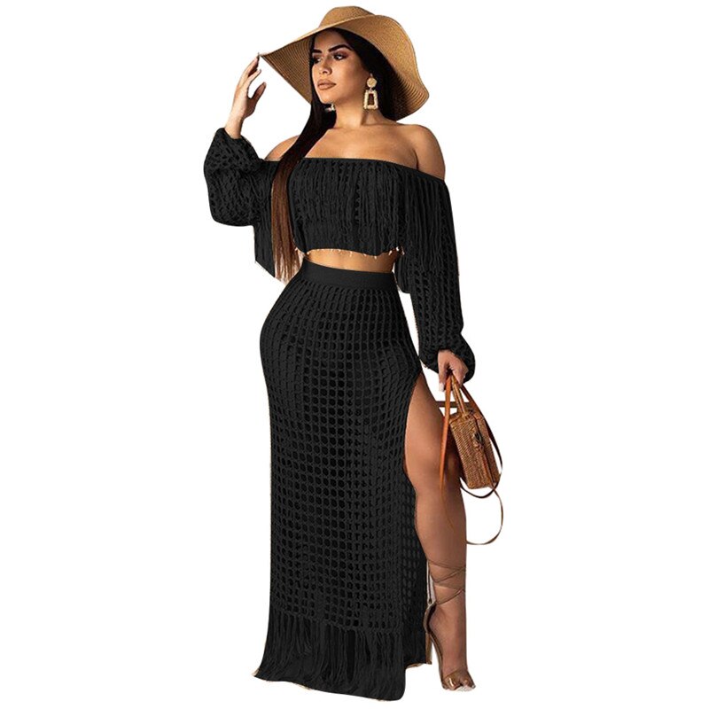 Fringed Tassel Summer Beach Dress Women Sexy Off Shoulder Maxi Dress Long Sleeve Boho Knit Crochet Hollow Out Party Long Dress