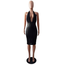 Load image into Gallery viewer, Sexy V Neck Lace Patchwork Leather Dress Women Halter Backless Back Split Bodycon Midi Dress Knee Length Evening Party Dresses