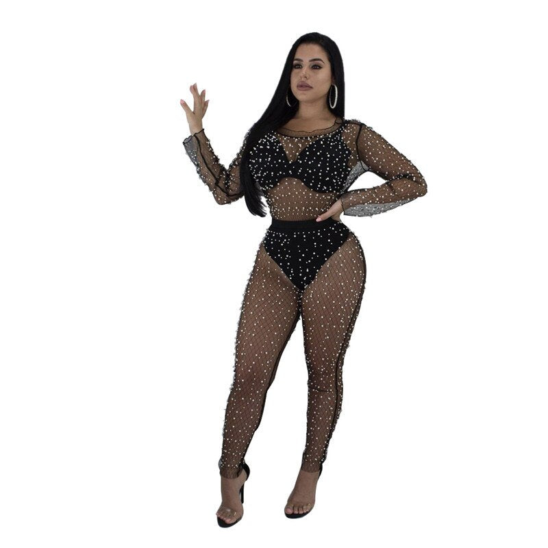 Sexy Black Sheer Jumpsuit Mesh Romper Women Long Sleeve See Through Pearl Beading Nightclub Party Bodycon Jumpsuits Overalls XL