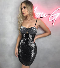 Load image into Gallery viewer, Sexy Sequin Night Club Sparkly Party Dresses Women Spaghetti Strap Strapless Bodycon Bandage Dress Elegant Little Black Dress