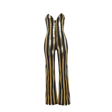 Load image into Gallery viewer, Women Dressy Strapless Jumpsuit Sexy V-Neck High Waist Black Gold Striped Print Wide Leg Pants Romper Party Formal Jumpsuits