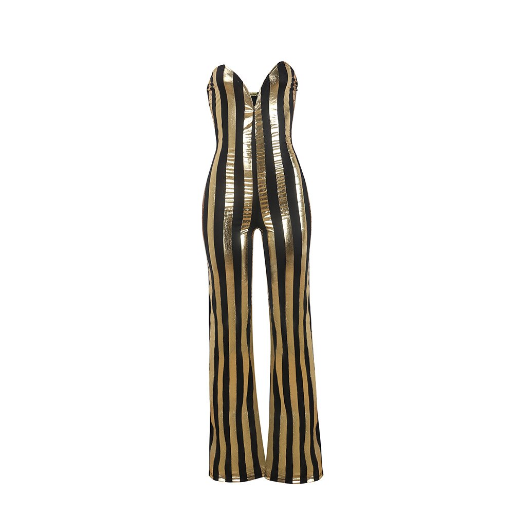 Women Dressy Strapless Jumpsuit Sexy V-Neck High Waist Black Gold Striped Print Wide Leg Pants Romper Party Formal Jumpsuits
