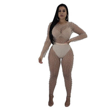 Load image into Gallery viewer, Sexy Black Sheer Jumpsuit Mesh Romper Women Long Sleeve See Through Pearl Beading Nightclub Party Bodycon Jumpsuits Overalls XL