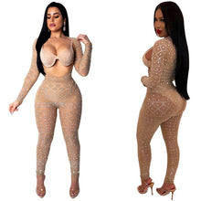 Load image into Gallery viewer, Sheer Mesh Sexy Black Rhinestone Jumpsuit Women Long Sleeve Open Front Skinny Full Bodysuits Pants Romper Club Party Jumpsuits
