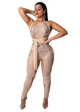Load image into Gallery viewer, Backless Criss Cross Bandage Jumpsuit Women Mesh Sheer Sleeveless Geometric Sequin Romper Christmas Nightclub Sparkly Overalls