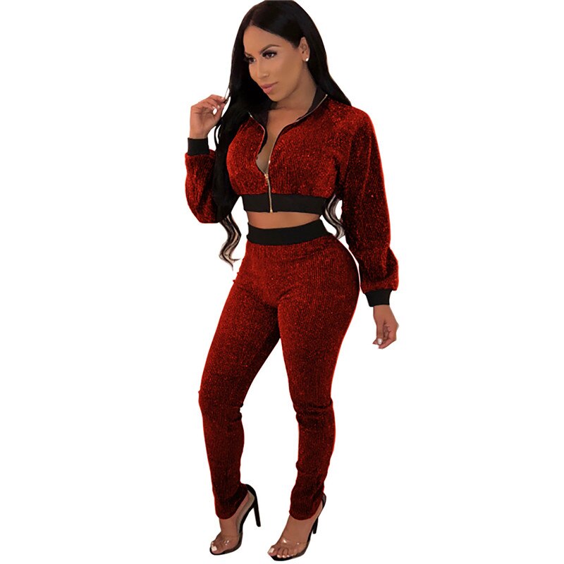 Plus Size Glitter 2 Piece Outfits for Women's Suit Sequined Streetwear Bomber Jacket Tops and Pants Set Sparkly Casual Tracksuit