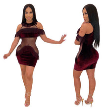 Load image into Gallery viewer, Sexy Mesh See Through Velvet Bodycon Dress Women O-neck Off Shoulder Tassel Elegant Night Club Mini Party Dresses Vestidos
