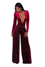 Load image into Gallery viewer, Women Velvet Jumpsuit Autumn Winter Sexy Deep V-Neck Glitter Long Sleeve Rompers Evening Loose Wide Leg Jumpsuit Female Overalls