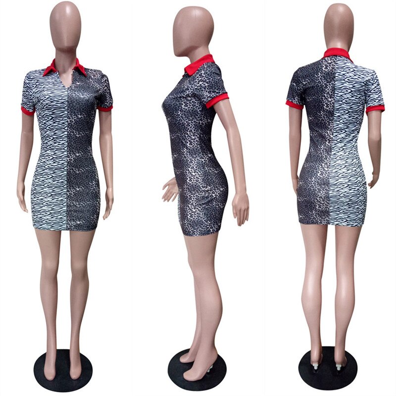 Sexy Leopard Zebra Patchwork Shirt Dress New Women Turn-down Short Sleeve Sheath Night Out Party Bodycon Mini Dress