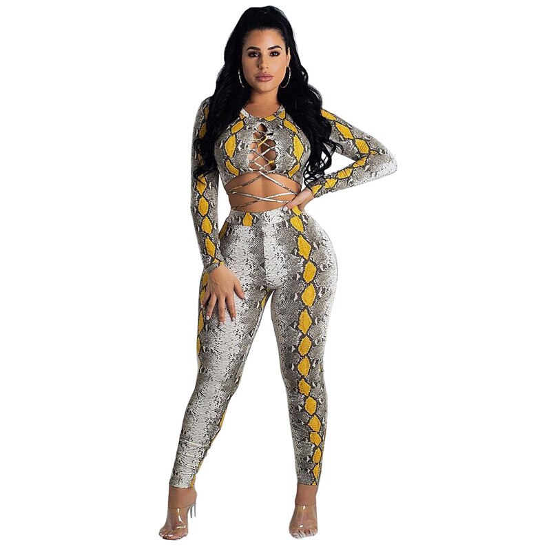 Snake Print Sexy 2 Piece Set Women Long Sleeve Lace Up Crop Top and Pant Suit Club Party Matching Sets 2 Piece Outfits for Women