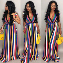 Load image into Gallery viewer, Casual Rainbow Striped Print Long Dresses Women Sleeveless V Neck Sashes Evening Party Dresses Summer Loose Beach Maxi Dress