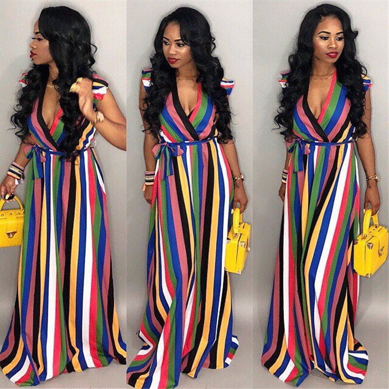 Casual Rainbow Striped Print Long Dresses Women Sleeveless V Neck Sashes Evening Party Dresses Summer Loose Beach Maxi Dress
