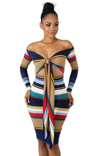 Load image into Gallery viewer, Knot Striped Ribbed Off The Shoulder Dress Women Long Sleeve High Waist Hollow Out Front Party Club Wear Sexy Bodycon Dress