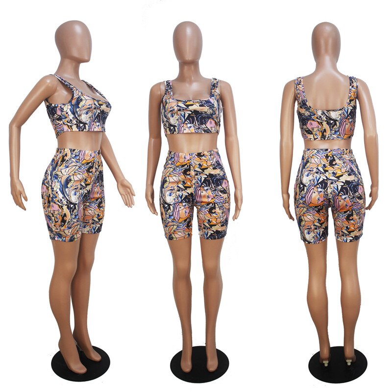 Summer Two Piece Set Women Print Tank Crop Top Bodycon Biker Shorts Sweat Suit Sexy Club Matching 2 Piece Set Tracksuit Casual