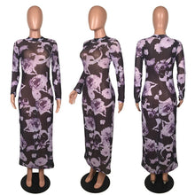 Load image into Gallery viewer, Floral Printed Sexy Sheer Mesh Bodycon Dress Women Autumn Crew Neck Long Sleeve See Through Dress Fashion Sexy Party Dresses