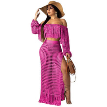 Load image into Gallery viewer, Fringed Tassel Summer Beach Dress Women Sexy Off Shoulder Maxi Dress Long Sleeve Boho Knit Crochet Hollow Out Party Long Dress