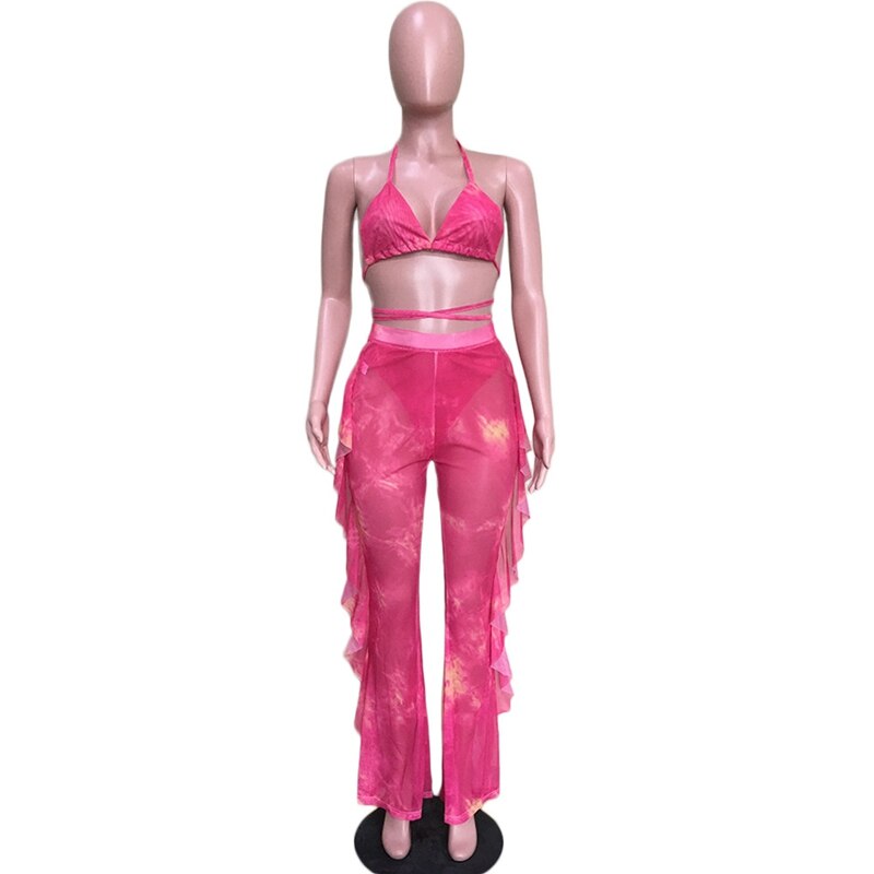 Beach Sexy Two Piece Set Women Summer Clothes Mesh Bikini Top Ruffles Long Pants Set Swimwear Matching 2 Piece Sets Club Outfits
