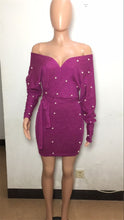 Load image into Gallery viewer, Sexy Off Shoulder Knitting Sweater Dress Women Elegant Pearls Sashes Short Wrap Dress Casual Long Sleeve Autumn Winter Dresses