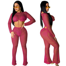Load image into Gallery viewer, Sexy Club Two Piece Set Women Clothes Mesh Fishnet Hollow Out Crop Top and Pants See Through Summer Beach Matching Set Outfits