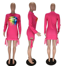 Load image into Gallery viewer, Colorful Lip Print Sheath T Shirt Dress Women Autumn Winter Long Sleeve Bodycon Mini Dress Streetwear Lace Up Casual Black Dress