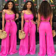 Load image into Gallery viewer, New Women Summer Two Piece Sets Sexy Bow Tie Crop Top and Loose Wide Leg Pants Suit Solid Casual Beach 2 Piece Outfits Clubwear