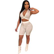 Load image into Gallery viewer, Rhinestone Sexy 2 Piece Set Zipper Crop Tops and Bodycon Shorts Suit Set Sparkly Party Summer Two Piece Club Outfits
